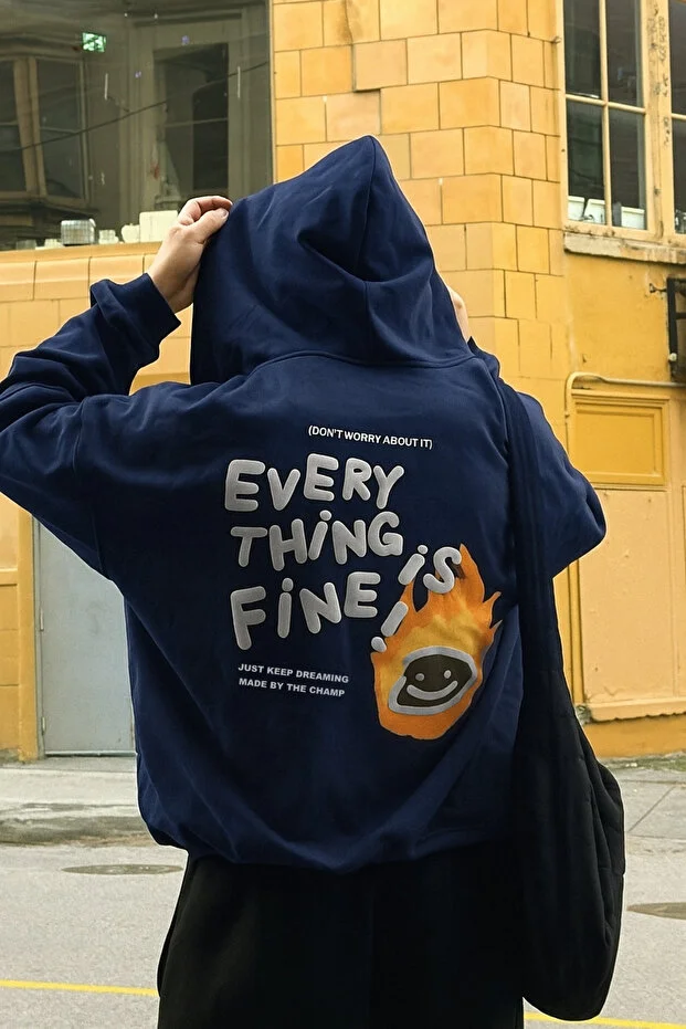 Unisex Oversize Sweatshirt Hoodie Every Thing Is Fine Baskılı Bordo–3 İplik Şardonlu Polar, Cepli